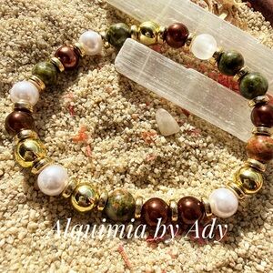 Gold brown and Green unakite Beaded Bracelet